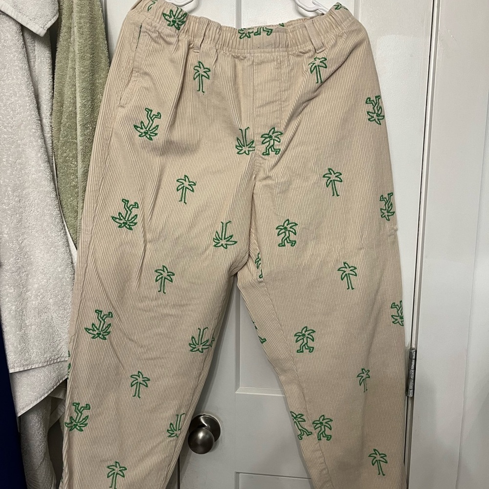 Urban Outfitters Tan Corduroy Pants with Green Palm Print